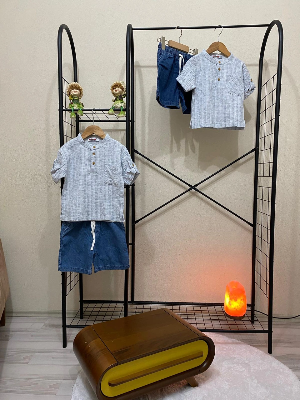 Cg Kids Hakim Yaka Gömlek Fitilli Alt Mavi Jean Kumaş Kot Şort Be Lacivert - Gri