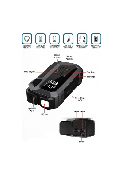 Tr Araç Akü Takviye Cihazı Hava Kompresörü 4'ü1 Arada Şarjlı Marş Basma Jump Starter Powerbank 18000mah