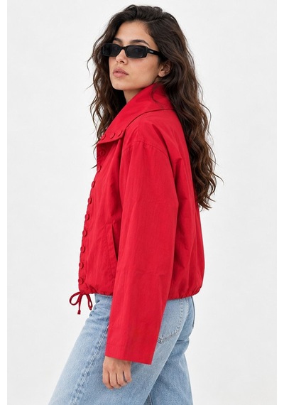 Hiccup Dik Yaka Düğmeli Oversize Trençkot Kırmızı