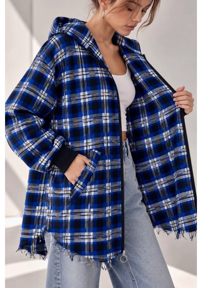 Bb Butik Basic Kapüşonlu Fermuarlı Oversize Ekose Oduncu Gömlek Ceket Kadın Rahat Mevsimlik Günlük Tr0935 mavi