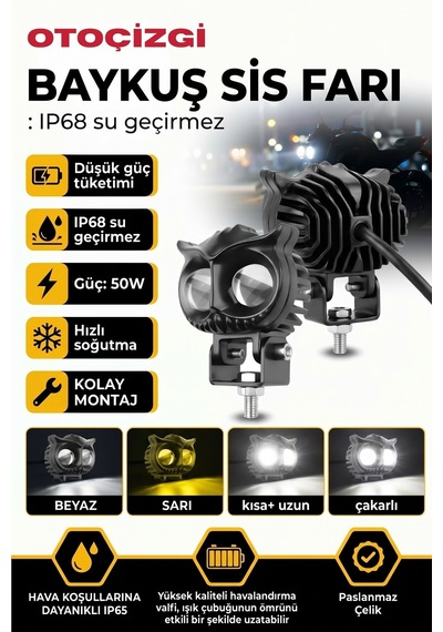 Baykuş Led Sis Farı Çakarlı 4 Fonksiyon Çift Renk Sarı-beyaz Moto-offroad-suv 2adet