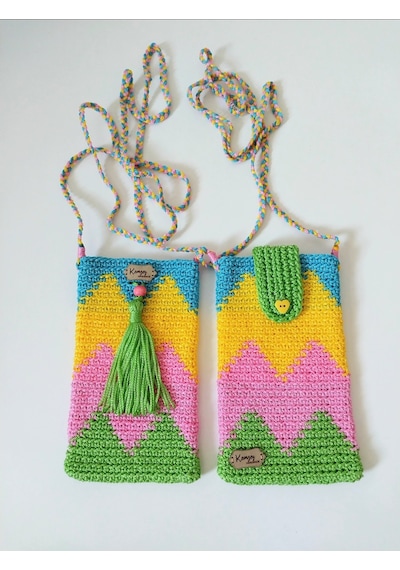 Kemzey Handmade Wayuu Telefon Çantası, El Yapımı Örgü Telefon Çantası Fıstık Yeşili