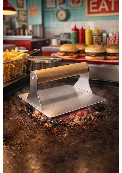 304 Paslanmaz Çelik Kare Burger Presi / 12 Cm Ahşap Saplı Smasher / 3 Mm Kalın Paslanmaz Çelik Gövde / Izgara Ve B