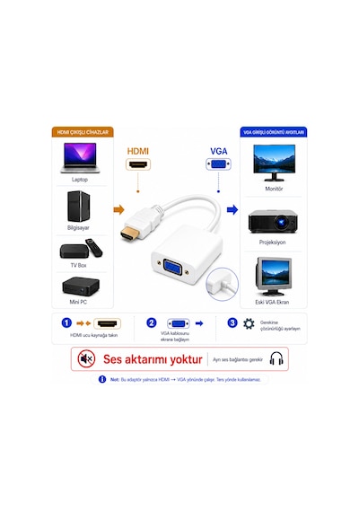 Hdmi To Vga Kablo Çevirici Dönüştürücü Adaptör Görüntü Aktarıcı - Beyaz