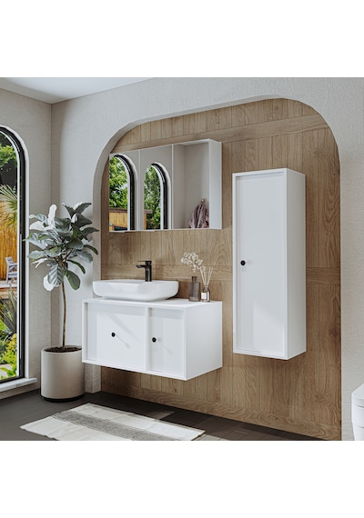 Oval Lavabolu Mat Mdf 90 Cm Banyo Dolabı + Aynalı Dolap Beyaz Mat Beyaz