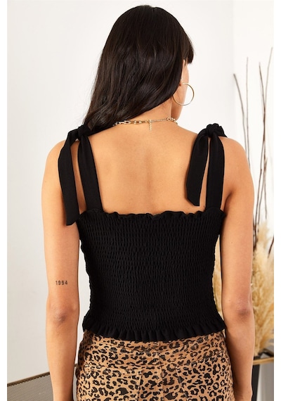 Aqe Fashion Kadın Siyah Askılı Crop Bluz Siyah