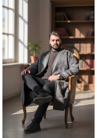 Erkek Uzun Klasik Kürk Palto Görünümlü Kışlık Dış Giyim Unisex Füme