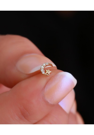 14 Ayar Altın Taşlı Ay Yıldız Tragus Piercing Sarı Altın