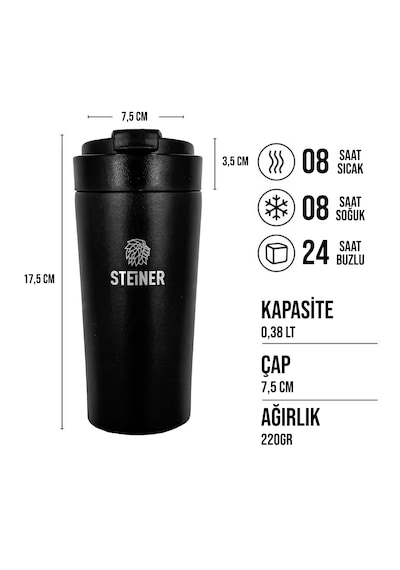 Steiner Paslanmaz Çelik Termos 380 Ml Mat Siyah Sıcak Ve Soğuk