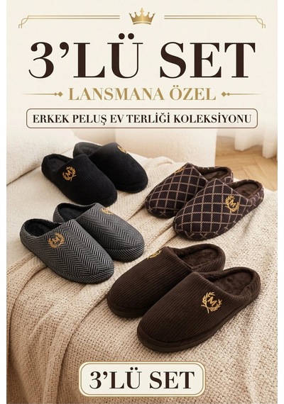 Stwenn 3 Lü Avantajlı Paket Kışlık Peluş Desenli Sessiz Ortopedik Taban Çeyiz Misafir Ev Terliği Set 3 Lü Kadife