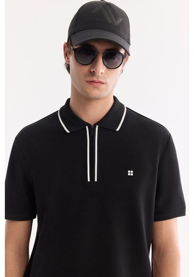 Avva Erkek Siyah Kıvrılmaz Polo Yaka Fermuarlı Bi-stretch İnterlok Regular Fit T-shirt A61y1003