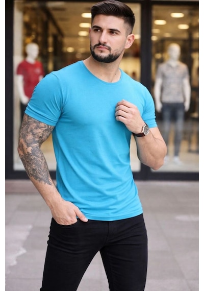 Erkek Body Tişört Bisiklet Yaka Slim Fit Likralı T-shirt - Açık Mavi