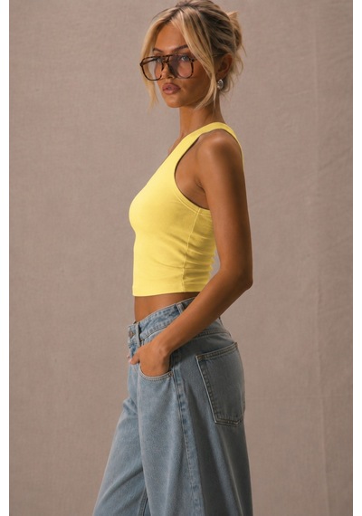 Tarz Cool Kadın Tek Omuz Crop Atlet Esnek Slim Fit Süprem Kumaş Asimetrik Yaka Bluz Sarı