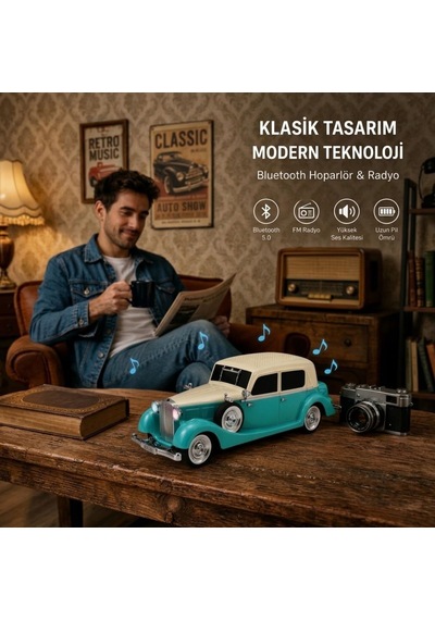 Buffer Retro Klasik Araba Bluetooth Hoparlör, Işıklı Nostaljik Radyo, Yuvarlak Far Detaylı Kablosuz Müzik Çalar
