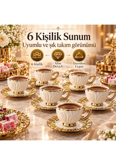 Valkyrie Hürrem Serisi 6 Kişilik 12 Parça Kahve Fincan Takımı 100ml Kabartmalı Altın Detaylı Set Beyaz Altın
