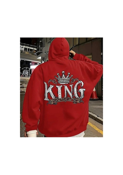 Herkesemoda Arka King Baskı Detaylı Kapüşonlu Sweatshırt Kırmızı