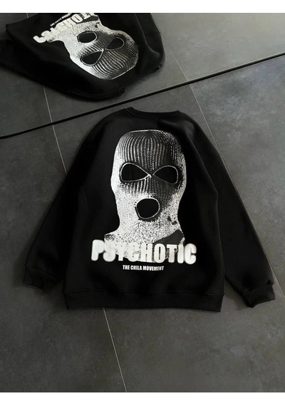 Vexor Kışlık Bisiklet Yaka Baskılı Sweatshirt - Siyah