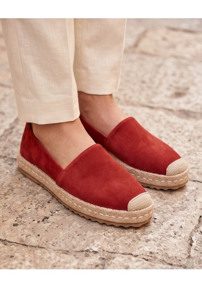 Futsishoes Lucıa Kırmızı Hakiki Süet Deri Dikiş Detaylı Kadın Espadril