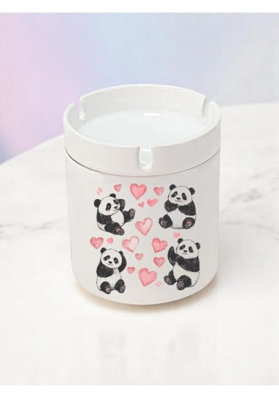 Panda Ve Kalp Baskılı 3'lü Seramik Küllük Kül Tablası - Erkek Kadın Için Doğum Günü Hediyesi