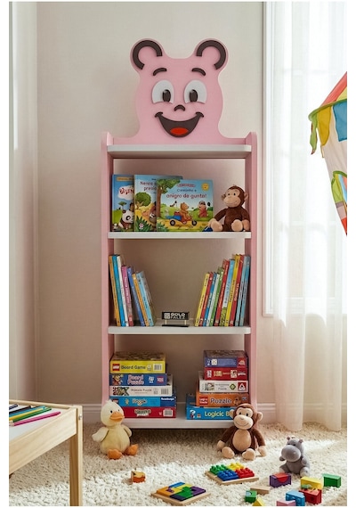 Reyo Falez Çocuk Kitaplık Happy Face 4 Raflı Sevimli Figürlü Düzenleyici Raf Sistemi - 8025 Pembe