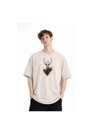 Misa Tahtakale Deer - Oversize Erkek Tişört Bej Çok Renkli