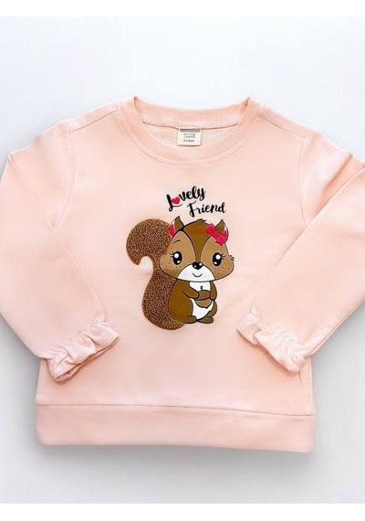 Kız Çocuk Sincap İşlemeli Sweatshirt-14667 Pudra