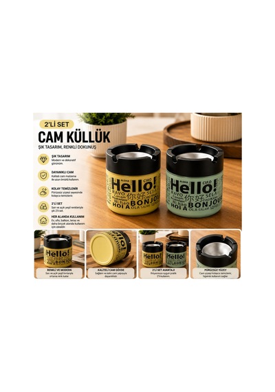 2 Li Renkli Cam Küllük Seti Hello Desenli Sarı Ve Açık Yeşil Dekoratif Küllük