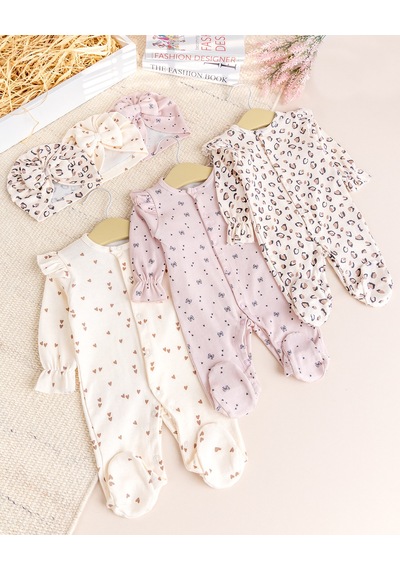 Babymod Üçlü 100% Pamuk Şapkalı Kız Bebek Tulum Çok Renkli