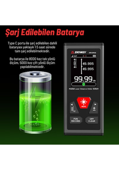Sndway Sw-dr60 Çift Yön Lazerli Lazermetre 60m+60m Dikey Ve Yatay Ölçüm
