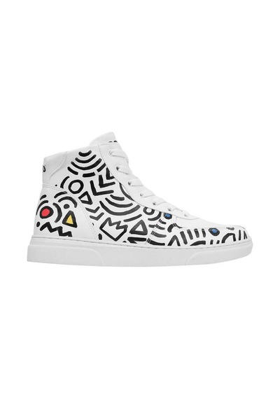 Kadın Vegan Deri Beyaz High Sneakers - Abstract Outline White Tasarım Çok Renkli