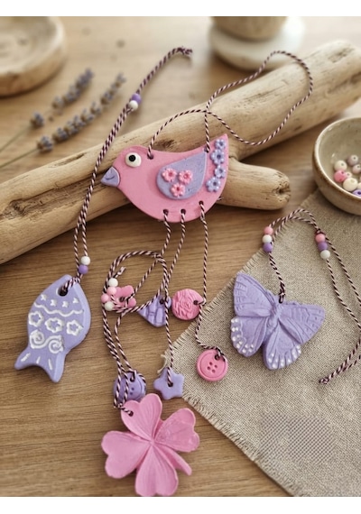 El Yapımı Taş Tozu Süs Seti - Pembe Kuş Kelebek Balık Çiçek Dekoratif Asılabilir Obje 4'lü Set