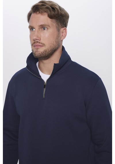 Tudors Unisex Relax Fit Rahat Kesim Pamuklu Yarım Fermuarlı Lacivert Dik Yaka Sweatshirt-31450-lacivert Lacivert