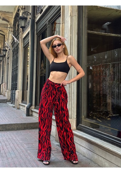 Mamayaga Kadın Yüksek Bel Kuşaklı Desenli %100 Viscose Pamuk Geniş Paça Şık Casual Büyük Beden Curve Pantolon Kırmızı