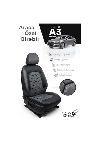 Füme - Siyah Panda Audi A3 Sedan 2014 - 2020 Arası Uyumlu Araca Özel Taytüyü Oto Koltuk Kılıfı