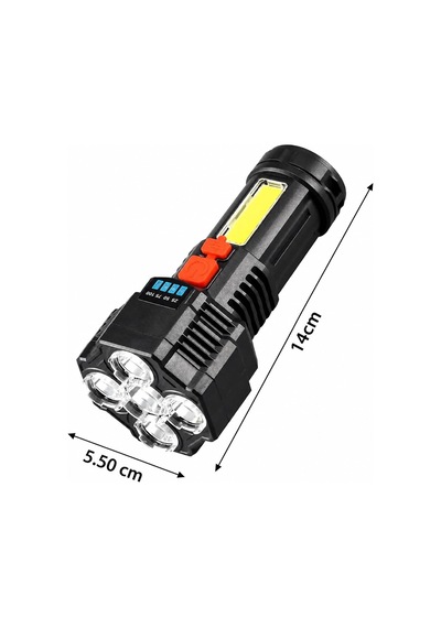 5 Led + Cob Süper Parlak Şarjlı El Feneri 14 Cm 4 Modlu, Güçlü Işık, Usb Şarjlı, Kamp, Av, Balıkçılık, Karavan, Acil Durum, Tamir, Araç, Yürüyüş Ve Outdoor Kullanımına Uygun Siyah