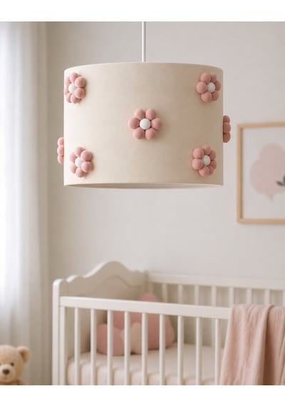 El Yapımı Ponpon Çiçekli Bebek Odası Avizesi 30x20 Cm Pudra Krem Çocuk Odası Aydınlatma Pudra Pembe