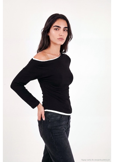 Lela Kayık Yaka Çift Katlı Görünümlü Bluz Kadın Bluz 5866954 Siyah