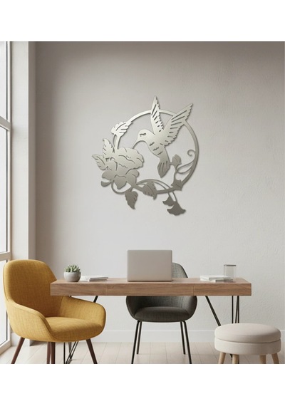 Sinek Kuşu Ve Yaban Gülü Desenli Dekoratif Metal Duvar Tablosu