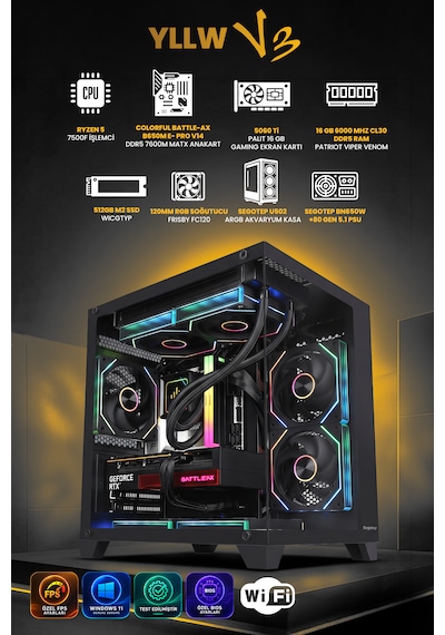 Gamers Arena YLLW V3 R5-7500F 16 GB 512 GB SSD RX5060Tİ Dos Masaüstü Oyuncu Bilgisayarı