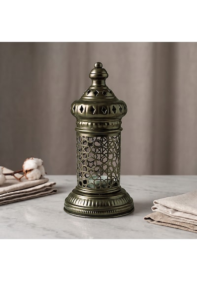 Beyaz Geometrik Metal Fener Selçuklu Yıldızı Çay Feneği Tutucu Minimalist Fas Mum Dekorasyonu Haki