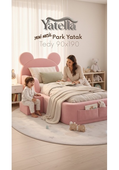 Yatella Luxury Tedyy Baza Ve Başlıklı Montessori Full Sünger Yatak Seti 90 X 190 Pembe