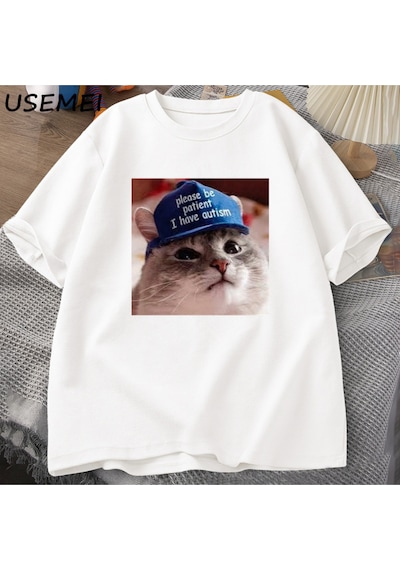 Flood Of Style Lütfen Sabırlı Olun Ben Otizm Kedi Grafik T Shirt Erkek T-shirt Adam Giysileri Kısa Kollu Pam Beyaz