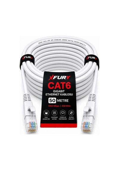Fury Cat6 Ethernet Kablosu 50 Metre Rj45 Lan İnternet Modem Router Bilgisayar Kablosu