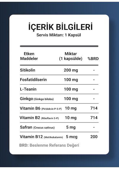 Longify Cognitive Sitikolin, Fosfatidilserin, Safran, Ginkgo Biloba, L-teanin, B2, B6 Ve B12 Takviye Edici Gıda 30 Kapsül