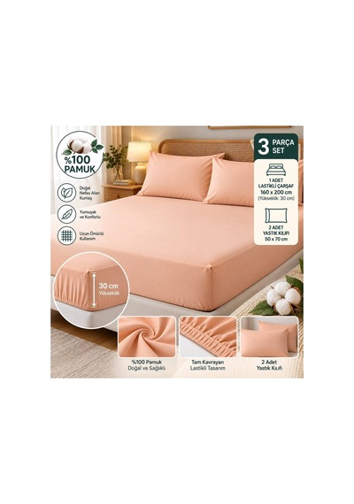 Slc Home %100 Pamuk Kumaş 160 X 200 Cm Lastikli Çarşaf 2li Yastık Kılıflı Dahil Çift Kişilik 3lü Set Pembe - 939639330 Pembe