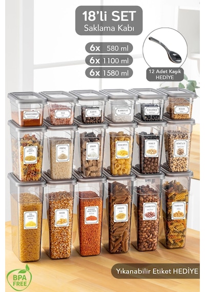 18'li Sızdırmaz Kapak Kaşıklı Saklama Kabı Seti - Etiketli Baharatlık - 6x 580 Ml, 1100 Ml, 1580 Ml