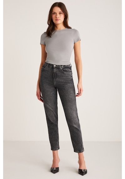 ETHIQUET ZE DA Kadın %100 Organik Pamuk Slim Fit Dar Kesim Bisiklet Yaka Kısa Kollu Gri T-shirt