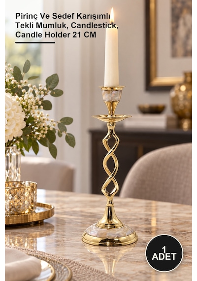 1 Adet Şamdan Pirinç Ve Karışımlı Tekli Mumluk, Candlestick, Candle Holder 21 Cm Diğer