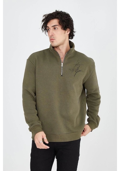 Erkek Yarım Fermuarlı Baskılı 3 İplik Pamuklu Sweatshirt - Yeşil