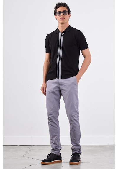 Dufy Siyah Polo Fermuar Yaka Düz Kısa Kollu Slim Fit Erkek Triko Siyah